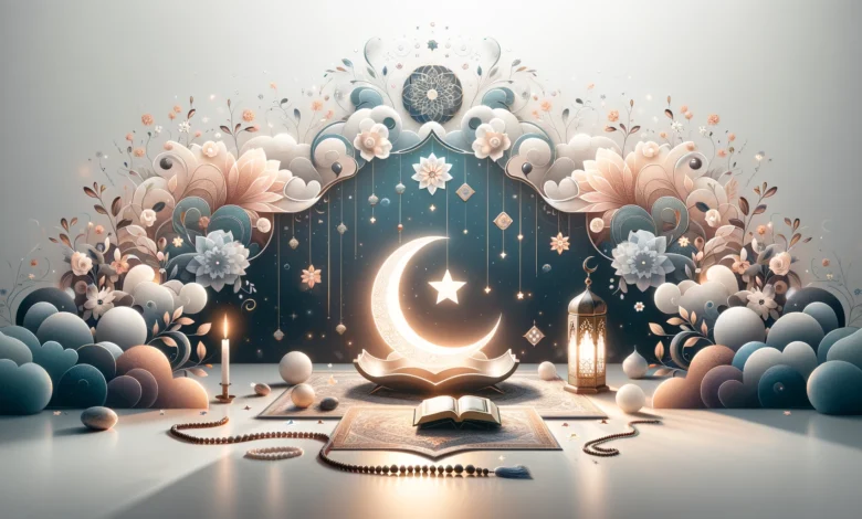 maximizing the benefits of shaban, featuring islamic spiritual symbols like crescent moons, stars, a quran, and prayer beads against a tranquil background with floral and geometric islamic art patterns.
